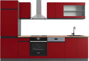 Vicco Küchenzeile R-Line, 300 cm , AP Eiche, Rot/Anthrazit