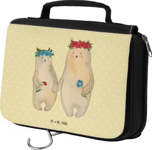 Mr. & Mrs. Panda Kulturbeutel Bären mit Blumenkranz - Gelb Pastell - Geschenk, Familie, Schwester, Papa, beste Mutter, beste Freundin, Mama, Kosmetiktasche, Tochter