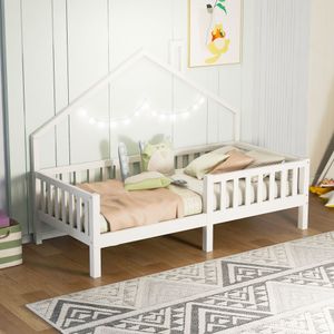 Hausbett 90x200 mit Rausfallschutz Kinderbett mit Lattenrost Spielbett| Stabiles Haus Bett für| ohne Matratze，Weiß