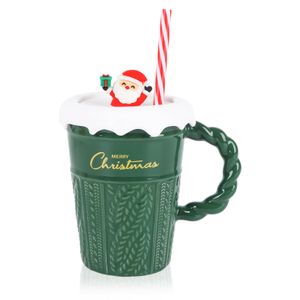 Weihnachten Kaffeetasse 400 ml Weihnachten Keramik Kaffeetasse Teetasse Milch Tasse mit Deckel und Strohhalm, Grün, 1 Stück