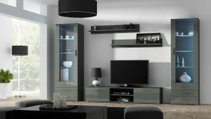 Medienwand Wohnzimmer - Set Schrankwand 5tlg SOHO 4H grau hochglanz mit Vitrinenschränke Tv Lowboard Wandregale