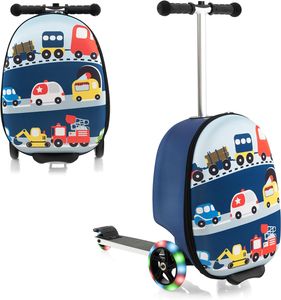 2 in 1 Kinderkoffer & Scooter Kinder ab 5 Jahre, Kindertrolley mit Blinkenden LED-Rädern, Kindergepäck 19 Zoll für Reisen (Auto)