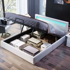 Fortuna Lai Polsterbetten Doppelbett 140 x 200 cm mit 16 Farben LED Beleuchtung, hydraulisches Bett inkl. Bettkasten und Lattenrost, Bezug aus Kunstleder Weiß