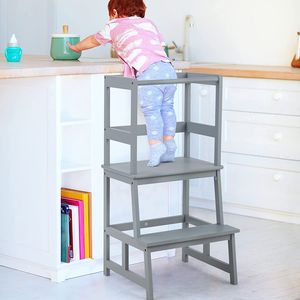 GOPLUS Kinder Tritthocker, 2 Stufen Lernturm, Lerntower, aus Bambus, bis zu 70kg Belastbar, für Kinder von 18-36 Monaten (Grau)