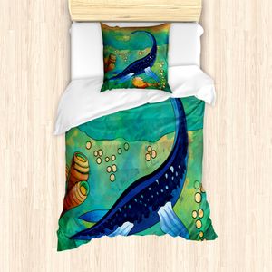 ABAKUHAUS Dinosaurier Bettbezug Set für Einzelbetten, Altes Meer Kreatur, Milbensicher Allergiker geeignet mit Kissenbezug, Jadegrün Marineblau Orange