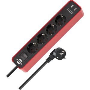 Brennenstuhl Ecolor Steckdosenleiste 4-fach mit USB-Ladebuchse (Mehrfachsteckdose mit 2x USB Charger, Schalter und 1,5m Kabel) rot/schwarz