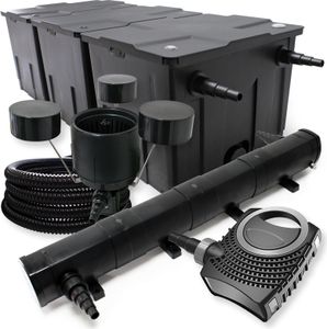 Kompletní sada Wiltec: CBF-350C jezírkový filtr do 90000 l jezírkový filtrační systém s kontinuálním průtokem, NEO10000 jezírkové čerpadlo 10000l/h 80W, CUV-272 jezírkový odkalovač 72W, 25m jezírková hadice 25 mm, CSP-250 skimmer 2500l/h 45W