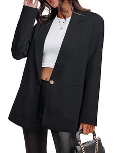 Damen Blazer ein einzelner Button Business Jackets Büro Einfarbige Cardigan Jacke Plain Revers Outwear Schwarz, Größe:M