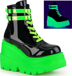 SHAKER-52 DemoniaCult vegane knöchelhohe Keil-Plateau Stiefelette schwarz Lack UV Neon grün