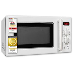 Exquisit Retro-Mikrowelle 700 Watt, 25,5 cm Drehteller, 1000 Watt Grill, 20L, 5 Leistungsstufen, Auftaufunktion, 2 Drehregler, RMW720-3GDIG weiss