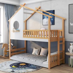 Merax Poschodová posteľ 90x200 cm Detské postele s rebríkom, ochranou proti vypadnutiu a tvarom strechy, 2 jednolôžkové postele Vysoká poschodová posteľ pre deti, rám z borovicového dreva, biela a prírodná farba
