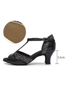 Damen Schnallen Jazzschuh Moderne Sandalen Leichtes Peep Zehen  Lateinische Schuhe Schwarzer Gummiboden,Größe:EU 35.5