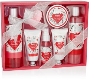BRUBAKER Cosmetics 8-tlg. Bade- und Dusch Set Erdbeere Sweet Love im Deko Holzkorb - Pflegeset Geschenkset mit Blumen Design - Pink