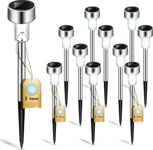 LUMILED 10 sztuk lamp solarnych do oświetlenia zewnętrznego lampa solarna ogrodowa lampa solarna lampa solarna z czujnikiem zmierzchu lampa podłogowa lampa ogrodowa z kolcem uziemiającym lampa solarna srebrna LED IP44 odporna na warunki atmosferyczne chłodna biel 6500K