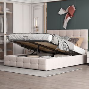 Flieks Čalouněná postel 140x200 cm s úložným prostorem a lamelovým roštem, hydraulická postel Boxspring Manželská postel Úložný prostor Postel pro mladé Velvet, bílá