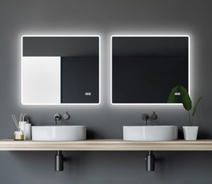 Talos Sun 80 x 70 cm Wandspiegel- Badspiegel mit umlaufender Beleuchtung und Digitaluhr - hochwertiger Aluminiumrahmen mit Kippschalter - Lichtspiegel mit Lichtfarbe Neutralweiß - Badezimmerspiegel