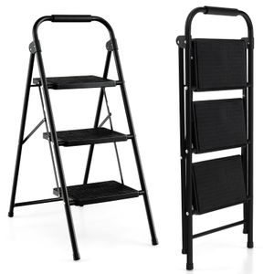 COSTWAY Rebrík 3 stupne Rebrík, skladací rebrík do 150 kg, skladací schodík, rebrík s protišmykovým zábradlím a plošinou, kovový rebrík do domácnosti, pre domácu kanceláriu garáž, čierny