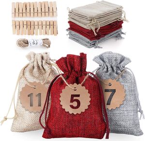 24 Adventskalender zum Befüllen, Adventskalender Stoffbeutel Säckchen mit 1-24 Sackleinen Taschen Jutesäckchen