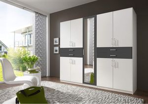D14592 TAIGA Weiß / grau graphit Drehtürenschrank Kleiderschrank Schlafzimmerschrank Stauraumschrank ca. 225 cm