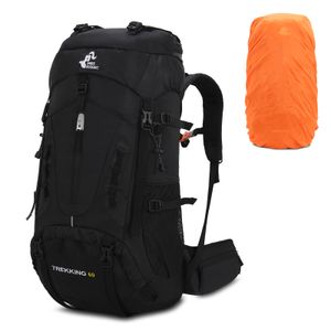 60L Wasserdichter leichter Wanderrucksack mit Regenschutz, Outdoor Sport Tagesrucksack Reisetasche für Klettern Camping Reisen,Schwarz