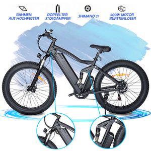 E-Bike Elektrofahrrad 26*4 Zoll, Elektrofahrrad mit Doppelter Stoßdämpfer, E-Mountainbike Fat Reifen hydraulische Scheibenbremsen für Herren Damen