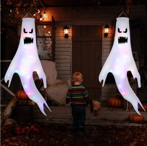 6 Stück Halloween Deko Horror, 120cm Halloween Geister Deko Garten mit LED Lichterkette, Halloween Windsack Fahne hängender Geist
