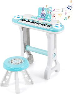 COSTWAY 37 Tasten Klaviertastatur mit Licht, Elektro Kinder Keyboard Aufnahme & Wiedergabe, Klavier Spielzeug mit Mikrofon, Ständer & Hocker, Spielzeugklavier für Kleinkinder ab 18 Monaten (Blau)