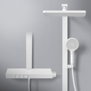 System prysznicowy EMKE z termostatem, deszczownica 36x24 cm, deszczownica ze szklaną półką, słuchawka prysznicowa z 4 intensywnościami strumienia, armatura wannowo-prysznicowa, biały matowy