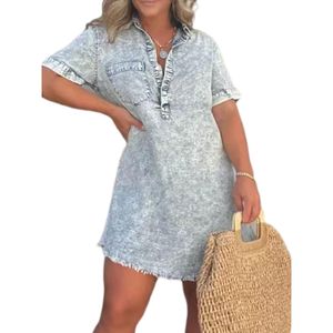 Damen Sommerkleider Revers Retro Minikleider Mit Taschen Jeanskleid Kurzarm Kleider Hellblau,Größe:L
