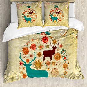 ABAKUHAUS Weihnachten Bettbezug, Rentiere im Winter, Milbensicher Allergiker geeignet mit Kissenbezügen, 200 cm x 200 cm - 80 x 80 cm, Beige