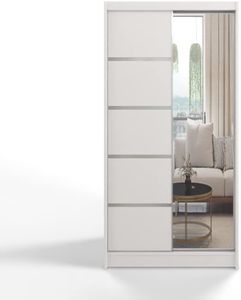 ML Furniture D3 Schiebetüren Kleiderschrank 100 cm mit Spiegel - Schlafzimmermöbel, Aufbewahrung - Mehrzweckschrank - Farbe: Weiß