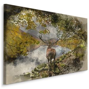 Fabelhafte Canvas LEINWAND BILDER 120x80 cm XXL Kunstdruck Hirsch See Bäume Aquarell