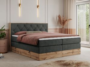 MKS MEBLE King Boxspringbett 180x200 mit Bettkasten Eiche, Polsterbett 180x200 mit Matratze H4, Bett 180x200 mit Kopfteil, Bett mit Holzrahmen in Wotan Eiche - Dunkelgrau Struktur - Veneto King