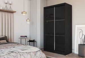 AGMAT Schwebetürenschrank Viva, Kleiderschrank mit 2 Türen und Spiegel, Moderne Garderobe in Farbe: Schwarz, Schrank in Größe: 150 x 216 x 61 cm