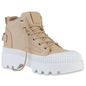 VAN HILL Damen Plateau Sneaker Blockabsatz Schnürer Profil-Sohle Schuhe 838393, Farbe: Khaki, Größe: 40