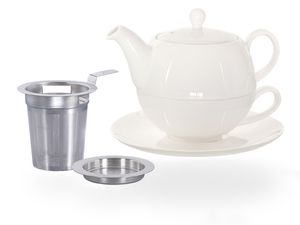 Buchensee Tea for one Set / Teeset Lena, Teekanne 500ml mit Sieb, Teetasse, Untertasse und Abtropfschale, weiß, Crystal Bone China Porzellan