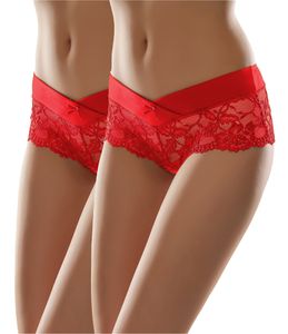 Damen Unterhose Hipster Hot Pants mit Spitzenbesatz MSGAB155-2P, Farbe:Rot (2Pack), Größe:XL