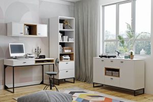 GRAINGOLD Jugendzimmer komplett Möbel im Loft-Stil Geneva- 4 teiliges Komplett - Schreibtisch, Stehendes Bücherregal - Kommode, Hängendes Regal - Weiß