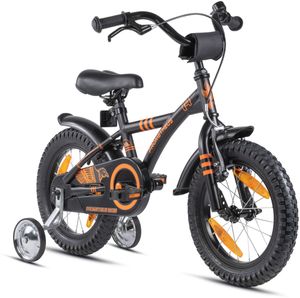 PROMETHEUS Kinder Fahrrad ab 3 - 4 Jahre | 14 Zoll Kinderrad mit Stützräder | Schwarz Matt & Orange