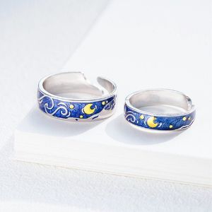 Mond und Wellen blaues symbolisches 2er Ring Set