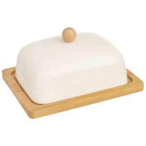 Orion Butterdose | Butter-Behälter | Butterschale aus Porzellan mit Bambusholzunterlage weiß mit Glocke