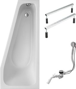 Schulte Raumsparbadewanne Modell KV, Weiß Sanitäracryl, 170x75 cm, Höhe 45,1-45,8 cm, inkl. Fußgestell und Ab- und Überlauf, Version rechts