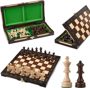 CHAMPION Reiseschach | Meister des Schachs | Kleines Schachbrett aus Lindenholz 29 cm | Handgefertigtes tragbares Schachspiel aus Holz