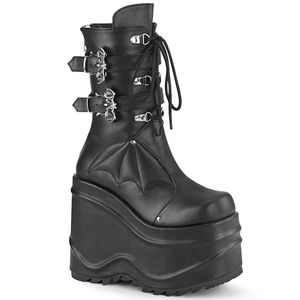 WAVE-150 DemoniaCult dámské boty na platformě s lýtkovým klínem netopýří vzhled černé kůže