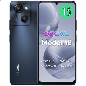 OSCAL Modern8 Smartphone Ohne Vertrag, 6.75 Zoll Android Handy(2024), 8GB(16)+256GB, 50MP Kamera, 6000 mAh Akku, 4G Dual SIM, Fingerprint, Schwarz