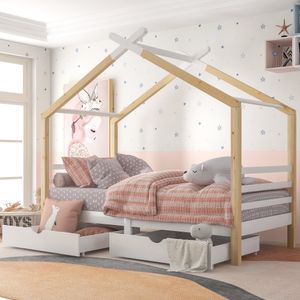 Merax Kinderbett Hausbett 90x200cm Spielbett mit 2 Schubladen, robuste Lattenroste Bett aus Massivholz für Kinder-und Jugendzimmer, Weiß+Natur