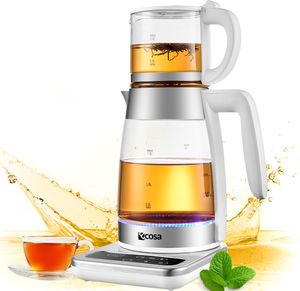 Ecosa Teekocher 2200 Watt | Semaver | Caydanlink | Glas Wasserkocher | 100% BPA-Frei | Blaue LED Beleuchtung | Kalkfilter | 1,8 Liter Wasserkocher / 0,8 Liter Teekocher |