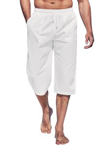 Herren Bottoms Hohe Taille Capri Shorts Elastische Taille 3/4 Lange Hosen Unter Knie Weiß,Größe 2XL