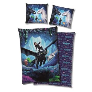 Dragons Drachenzähmen Winter Bettwäsche Set für Jungen · Fleece Kinderbettwäsche Set 135x200 80x80 cm in Dunkelblau mit Reißverschluss Drache Ohnezahn