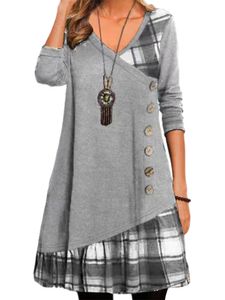 Frauen Knöpfe Dekor Kurze Kleider Party Langarm Mini Kleid Swing Gegen Hals Motivprint